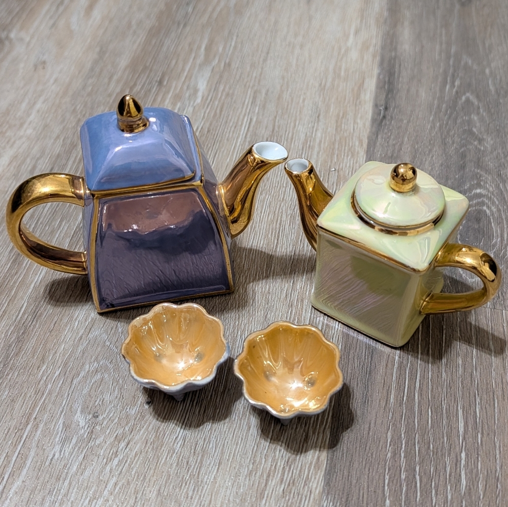 Porcelain Mini Teapot and Cups Set - Pastel Blue & Pastel Green with Gold Trim